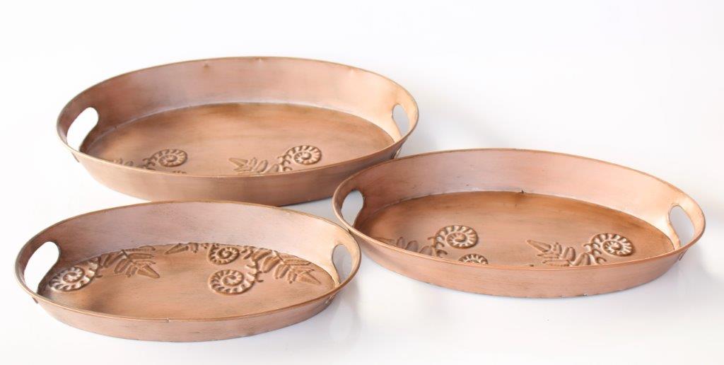 Set Of 3 Oval Metal Trays Fern Design